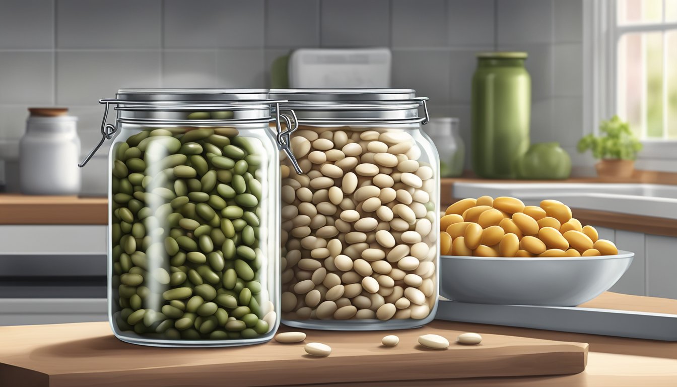 A glass jar filled with Great Northern beans sealed tightly with a lid, sitting on a clean, well-lit kitchen counter