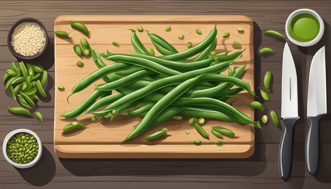 A bundle of fresh green beans sitting on a wooden cutting board, surrounded by scattered loose beans and a small knife