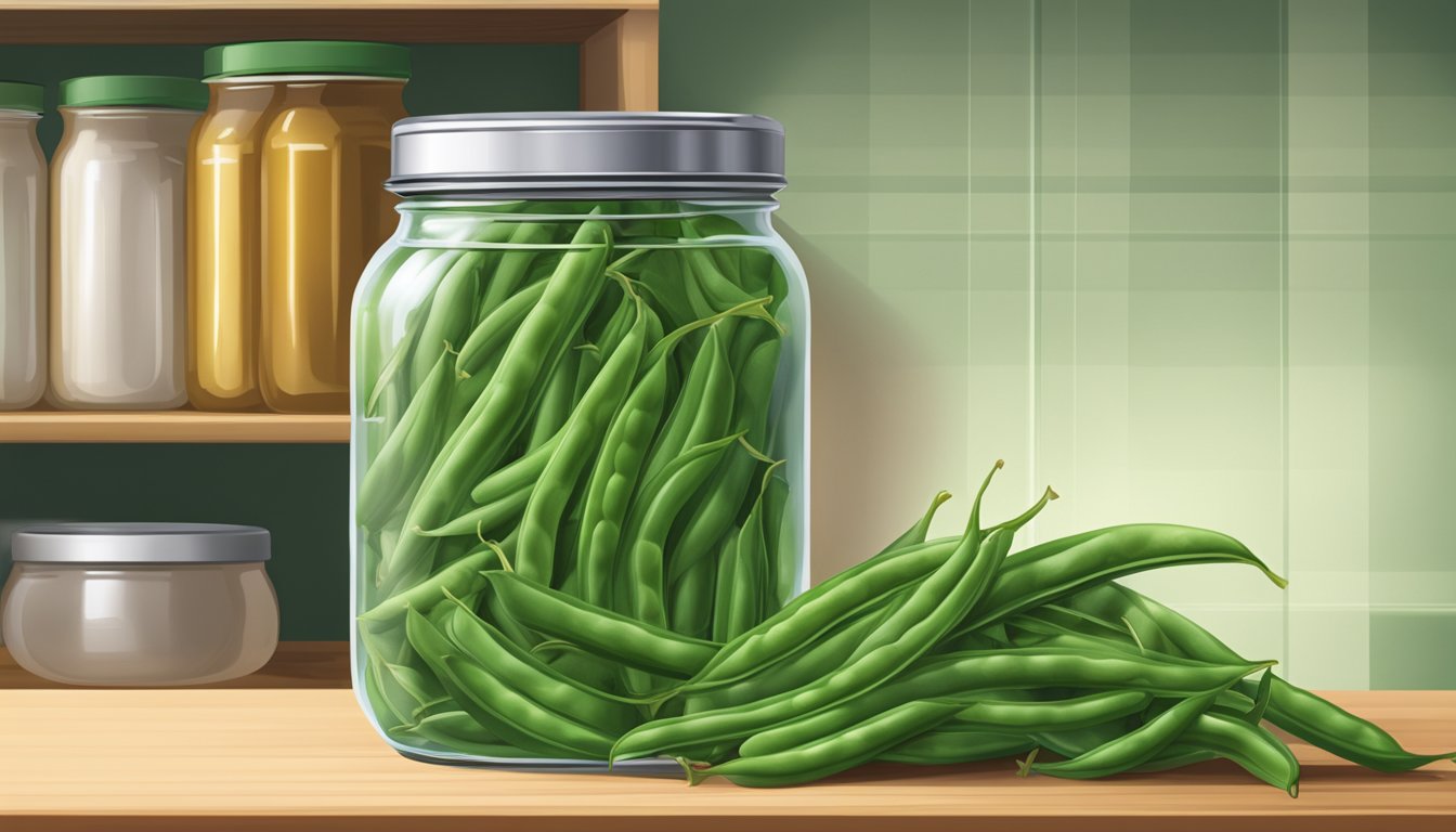 A jar of green beans sealed with a lid, sitting on a pantry shelf