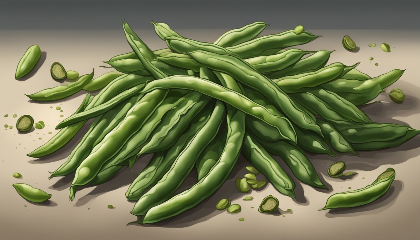 A pile of green beans with varying degrees of decay, from fresh and crisp to wilted and moldy, arranged on a kitchen counter