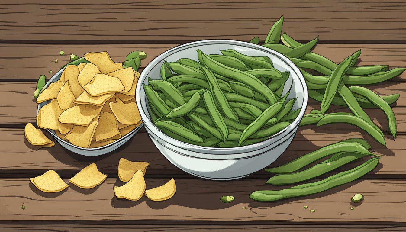 A bowl of green bean chips sits on a rustic wooden table, surrounded by fresh green beans and a few scattered chips. A small container of salt is nearby