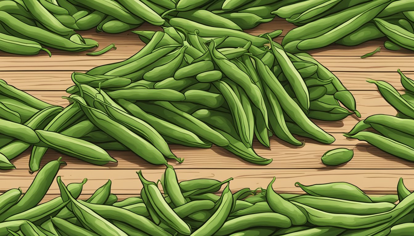 A pile of fresh green beans on a wooden shelf, some still attached to their stems, others loose and scattered