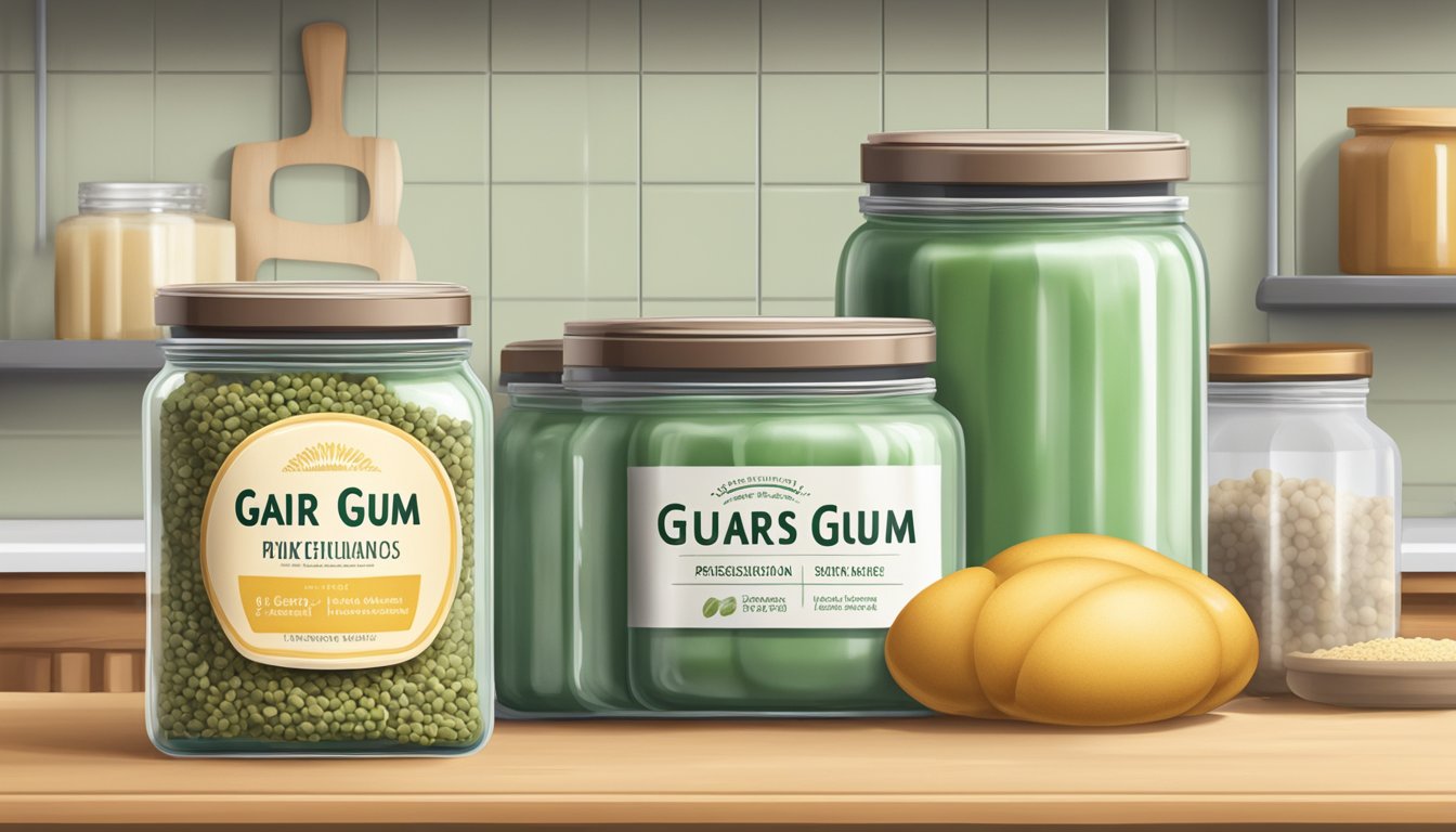 A jar of guar gum sits on a kitchen shelf, next to other baking ingredients. The label indicates a long shelf life