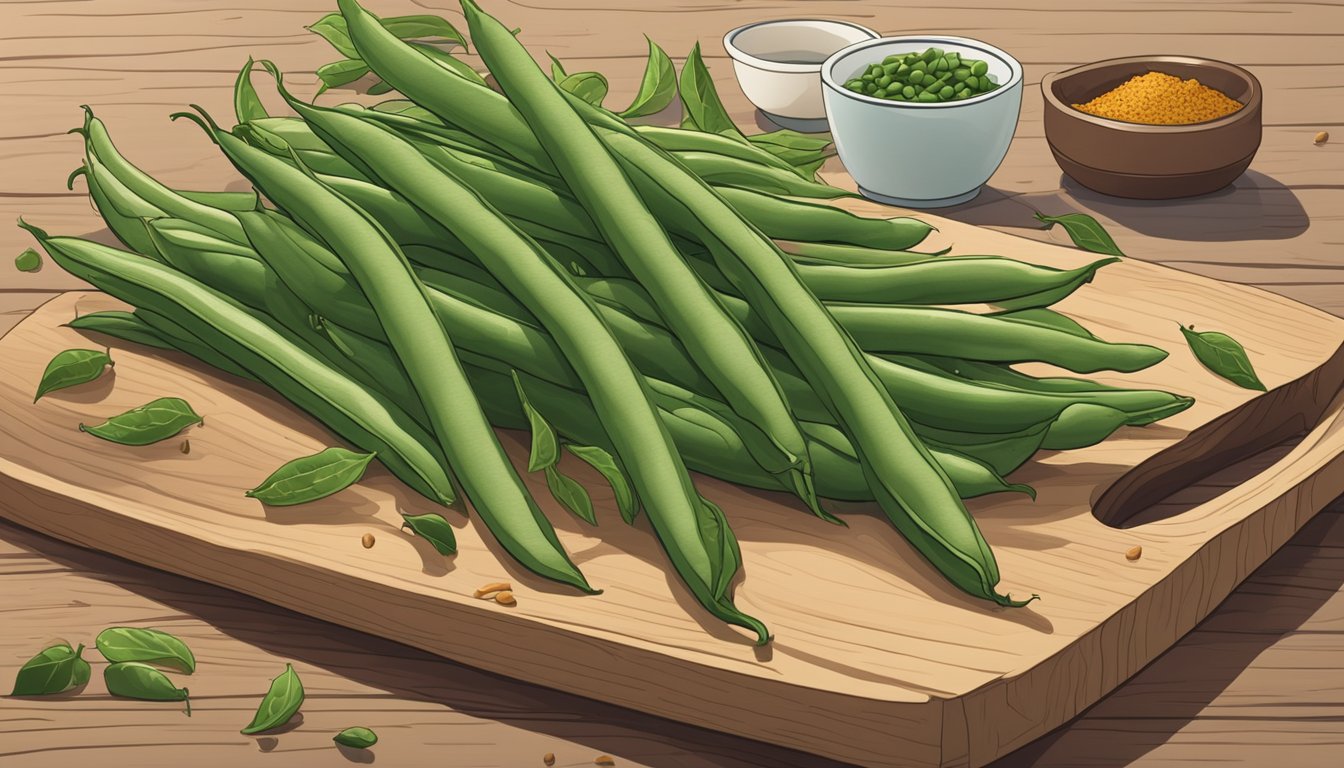 A bundle of fresh green beans sits on a wooden cutting board, surrounded by scattered herbs and spices. A calendar on the wall shows the current date