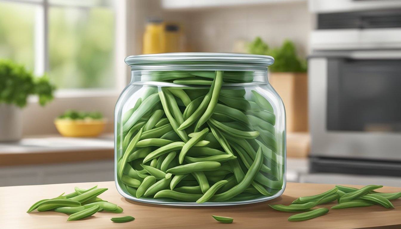 A glass jar filled with green bean chips, sealed with a lid, sitting on a kitchen counter