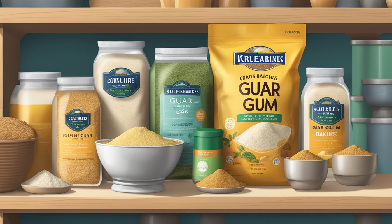 A bag of guar gum sits on a pantry shelf, surrounded by other baking ingredients. The packaging is intact and the powder inside appears dry and free-flowing