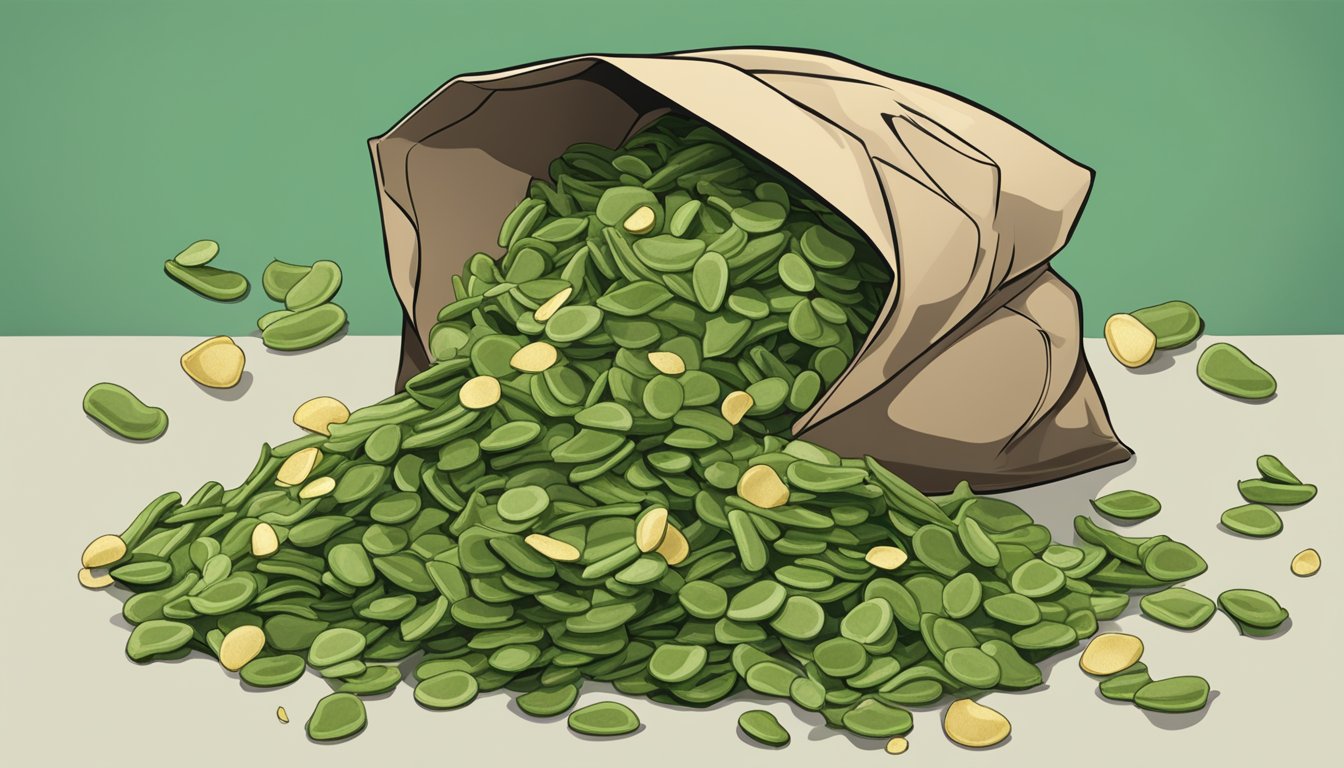 A pile of green bean chips sits on a countertop next to an open bag, with a few chips scattered around. Some of the chips appear discolored and wilted, indicating spoilage