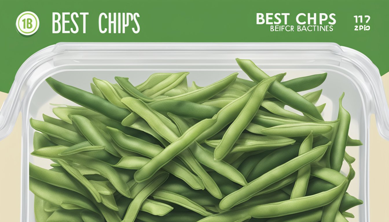 A stack of green bean chips in a sealed container with a "best before" date label