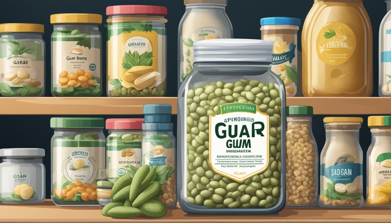 A jar of guar gum sits on a shelf, surrounded by other food products. The expiration date is clearly visible on the label