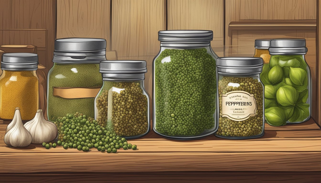 A small jar of green peppercorns sits on a wooden spice rack, surrounded by other jars of various spices. The label on the jar is slightly faded, indicating it has been there for some time