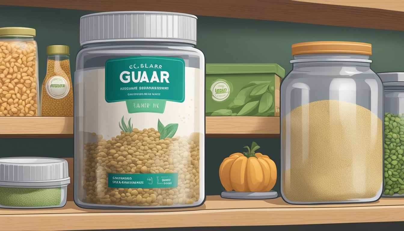 A clear, airtight container of guar gum sits on a shelf next to other pantry staples, with a label indicating the expiration date