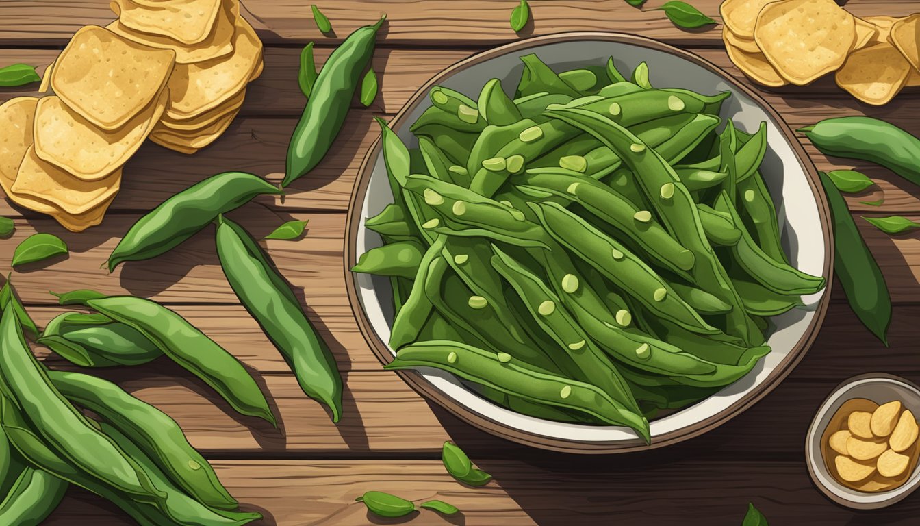 A bowl of green bean chips sits on a rustic wooden table, surrounded by fresh green beans and a few scattered chips. The chips are arranged in an inviting and appetizing display