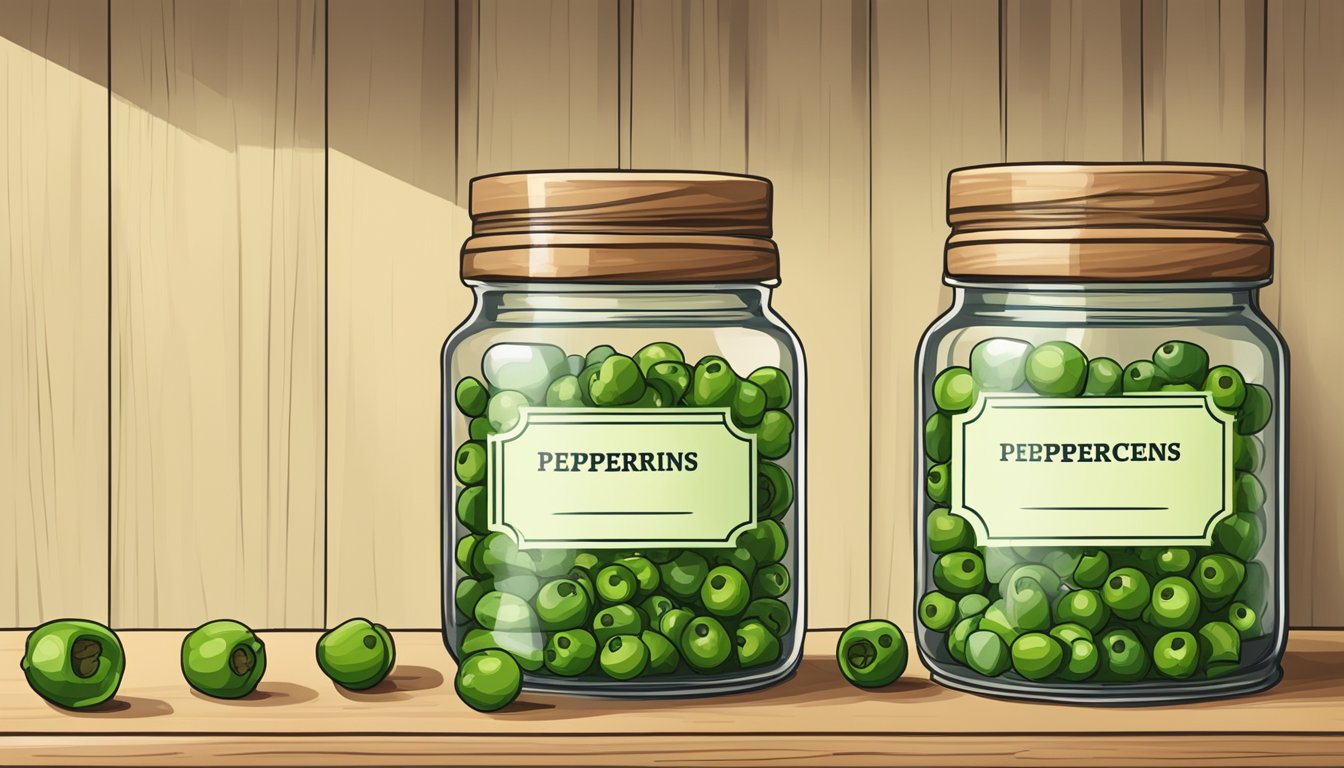 A jar of green peppercorns sits on a shelf, sealed and labeled. The vibrant green color of the peppercorns contrasts with the glass jar