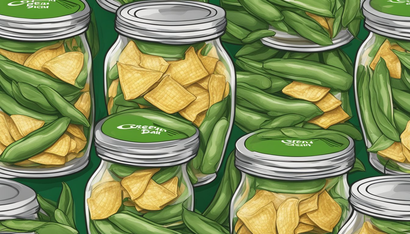 A jar of green bean chips sealed tightly with a best before date label