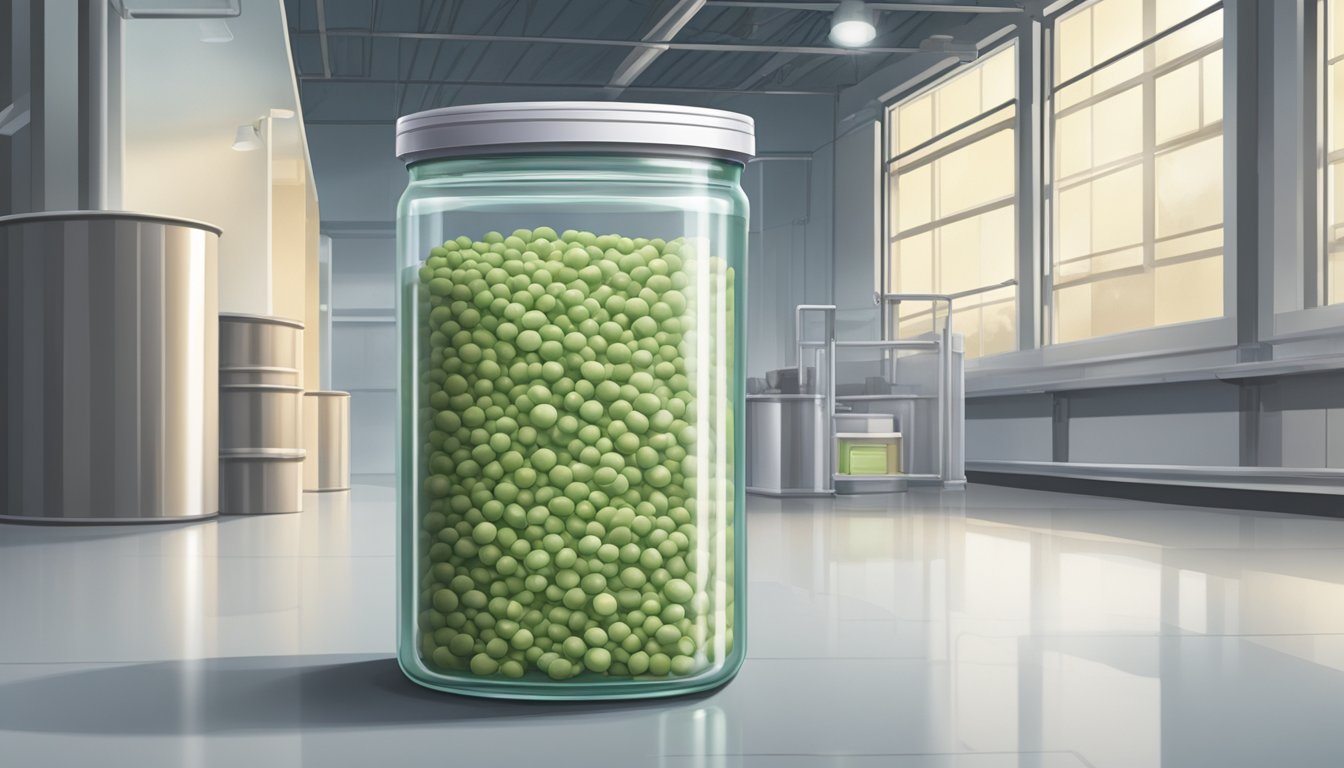 A clear, unopened container of guar gum sitting on a shelf in a non-food manufacturing facility