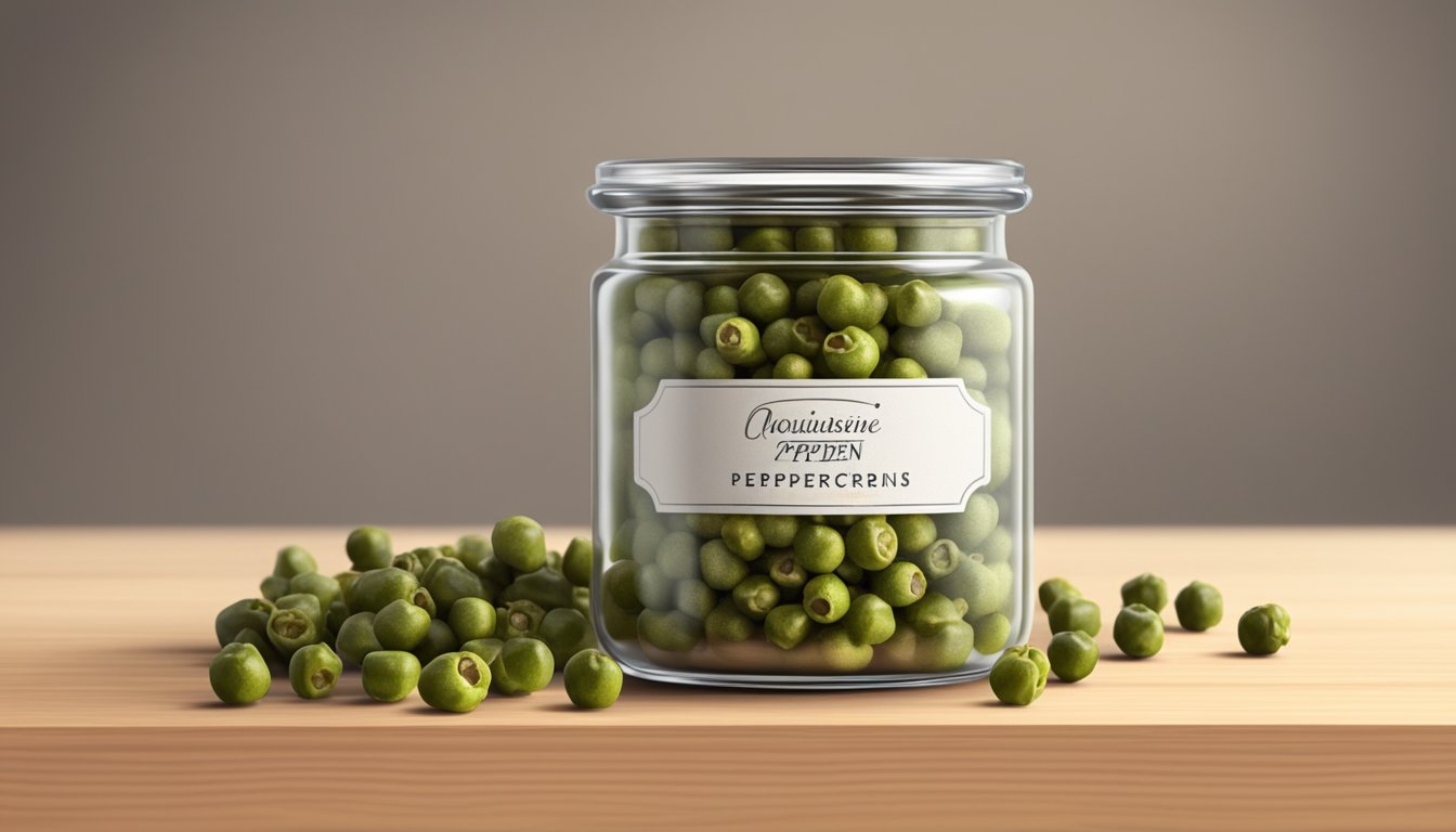 A jar of green peppercorns on a wooden shelf, with a date label and a few peppercorns scattered on the surface