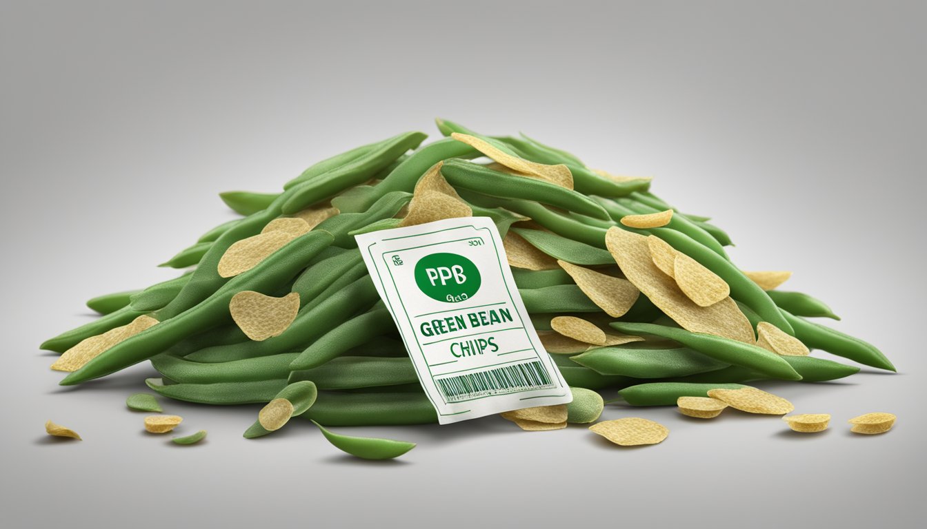 A pile of green bean chips with a clear expiration date label and various regulatory symbols