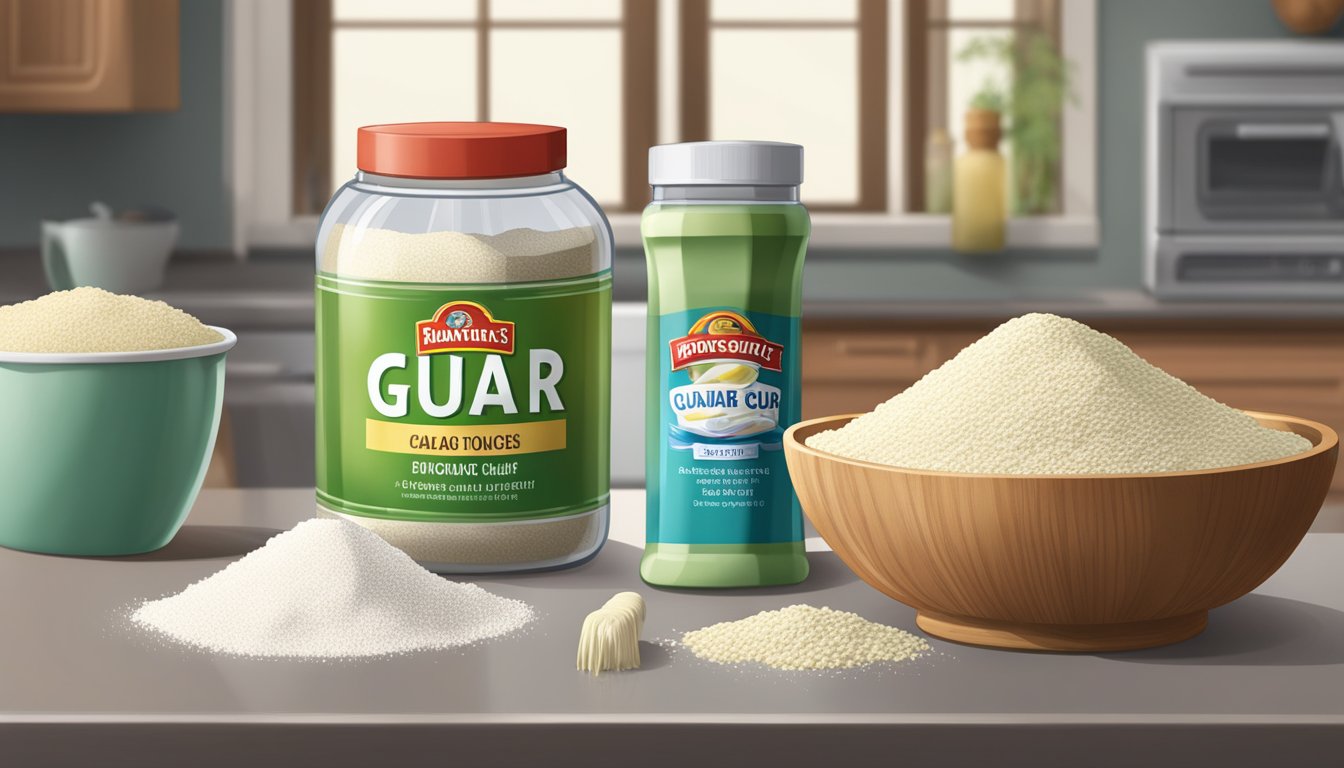 A jar of guar gum sits on a kitchen counter, next to a bag of flour and a mixing bowl. The jar is partially open, with a small amount of guar gum spilling out onto the counter