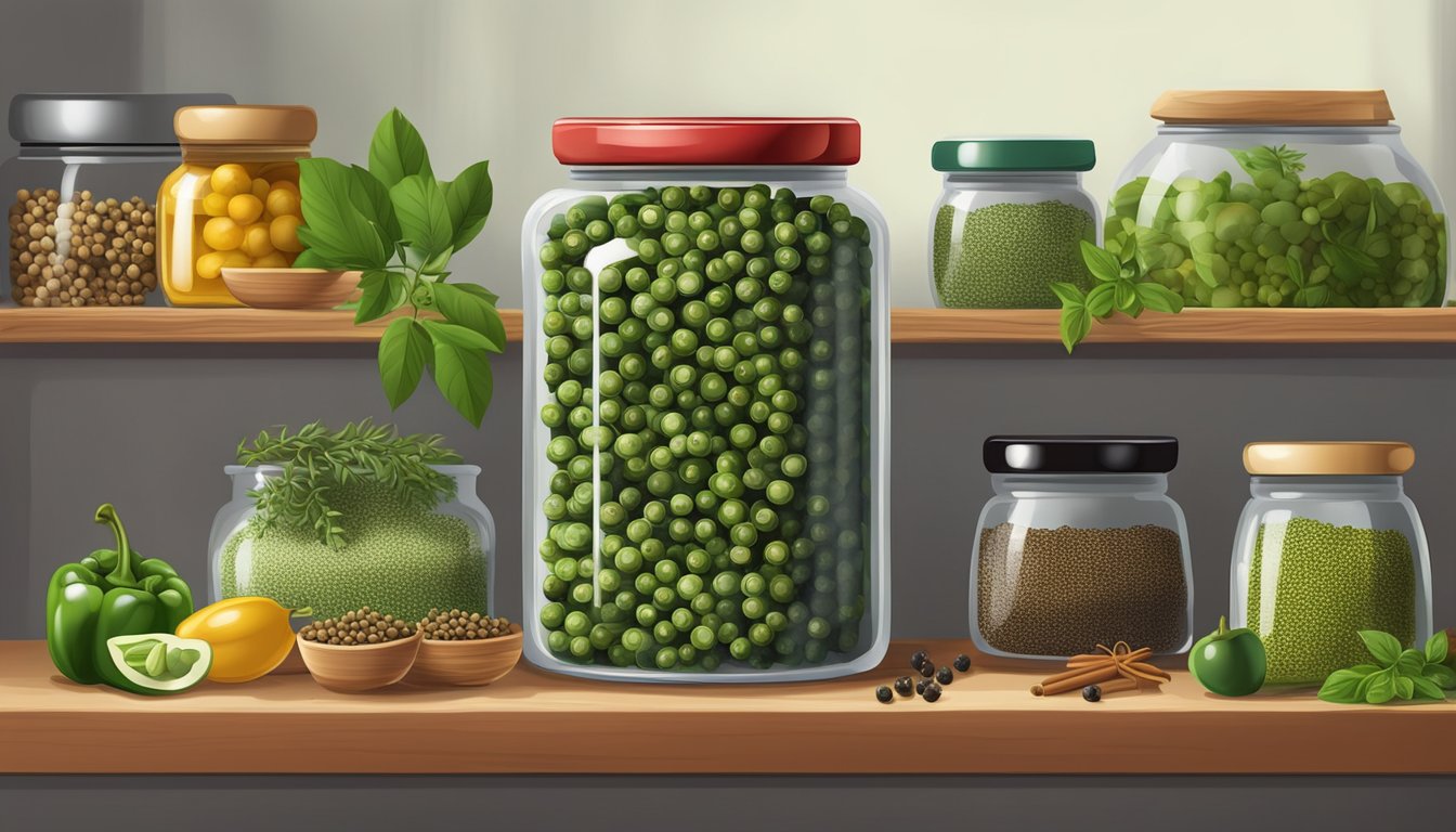 A jar of green peppercorns on a kitchen shelf, surrounded by herbs and spices