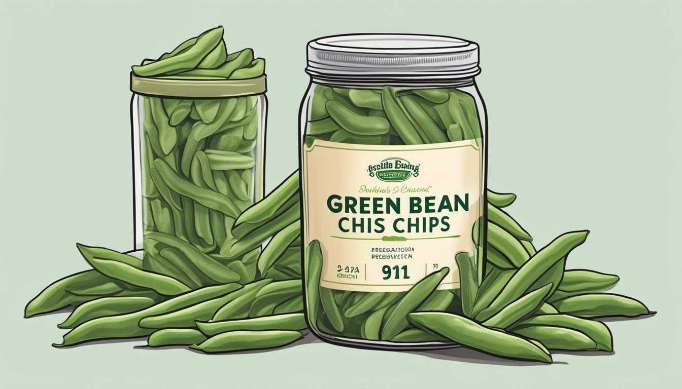 A jar of green bean chips sits on a shelf, with a label indicating the date of preservation. The chips appear crisp and vibrant in color