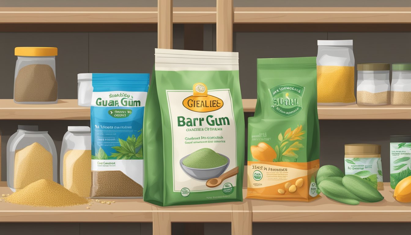 A bag of guar gum sits on a shelf, surrounded by other pantry staples. The packaging is labeled with information about its shelf life