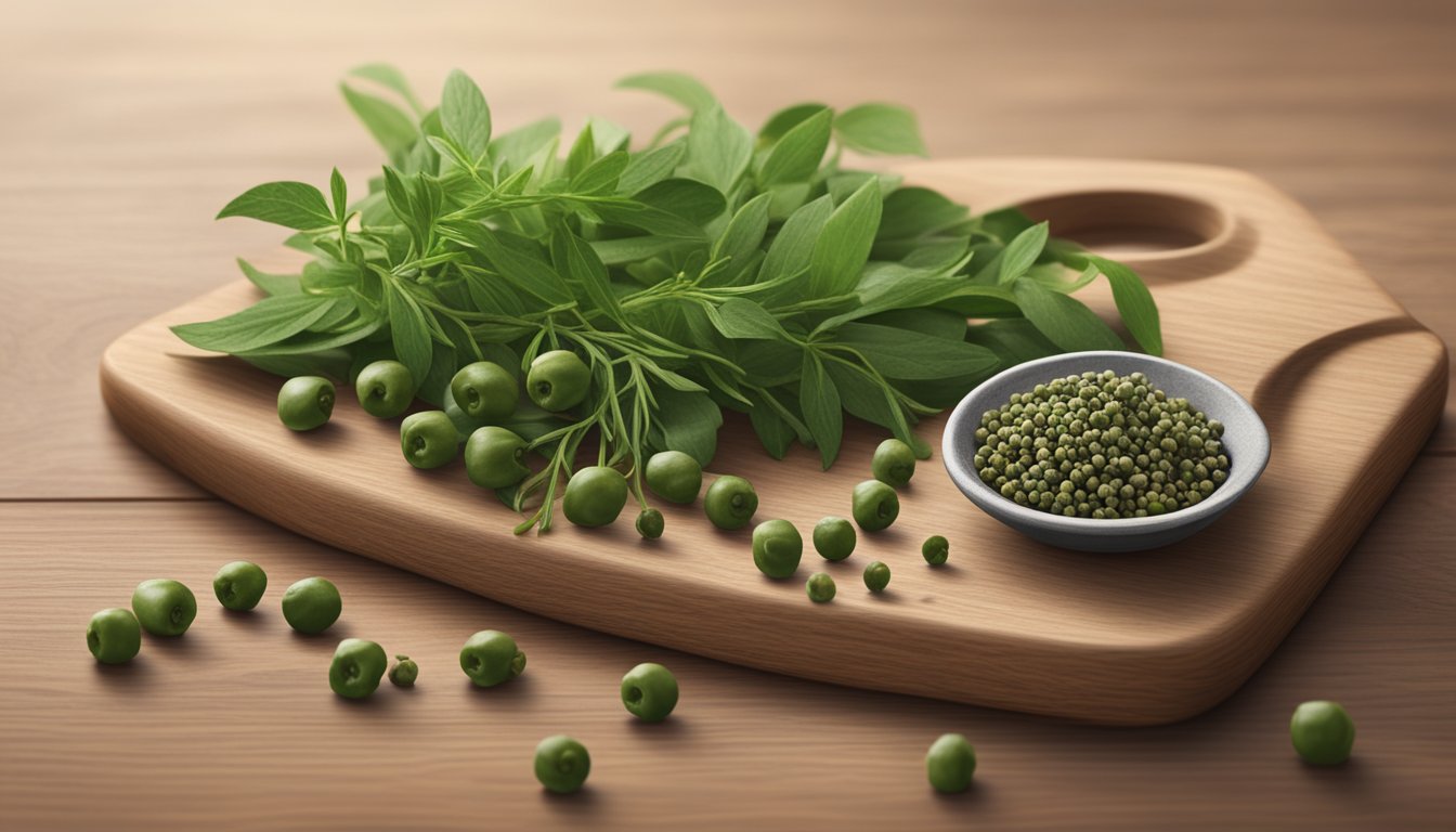 A small pile of fresh green peppercorns sits on a wooden cutting board next to a sprig of fresh herbs, with a label indicating the date of purchase