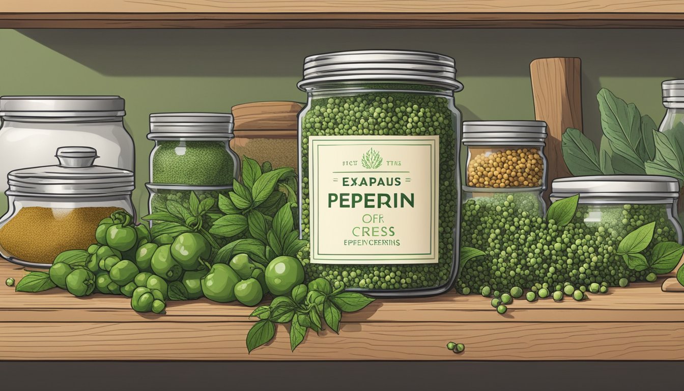 A small jar of green peppercorns sits on a kitchen shelf, surrounded by other spices and herbs. The label indicates the expiration date is still far off