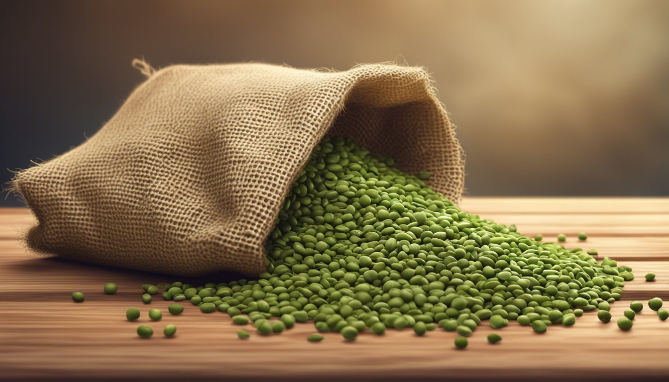 A pile of green lentils spilling out of a torn burlap sack, scattered on a wooden table with a few rolling onto the floor