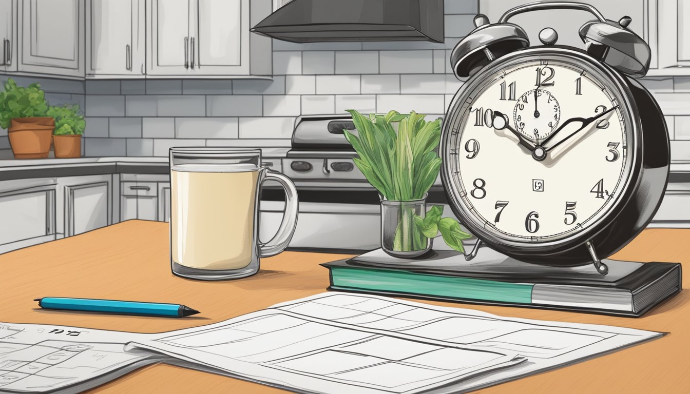 A carton of half-and-half sits on a kitchen counter, next to a calendar and a clock, as the date is being circled with a marker