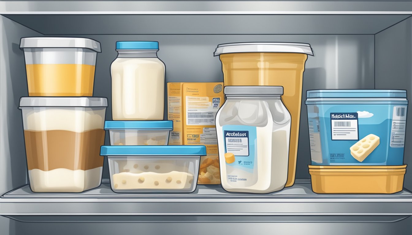 A sealed container of half-and-half sits in a refrigerator next to other dairy products. The container is labeled with the expiration date