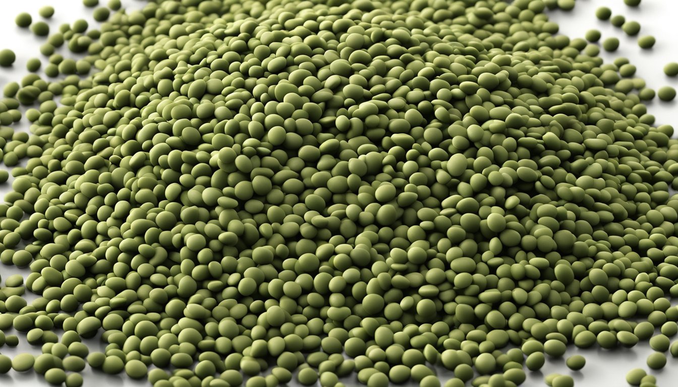 A pile of green lentils scattered on a kitchen counter, some showing signs of mold and discoloration