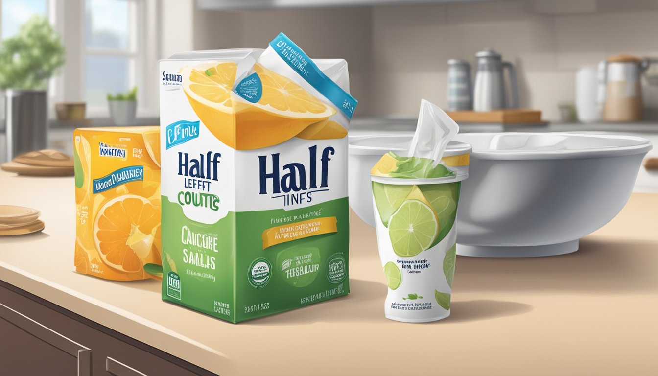 A carton of half-and-half left out on a kitchen counter, with visible signs of curdling and sour smell