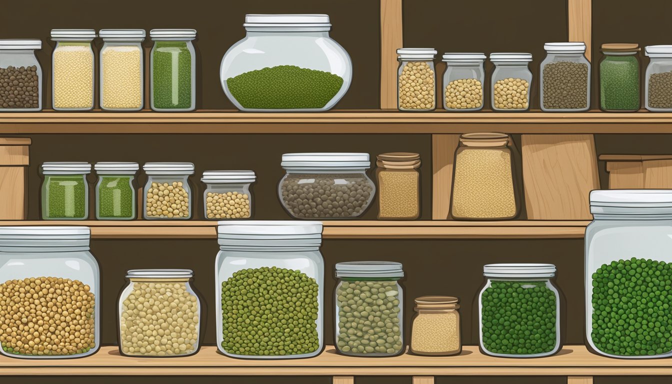 A clear glass jar filled with green lentils, sitting on a wooden shelf next to other dry goods. The label on the jar indicates the expiration date