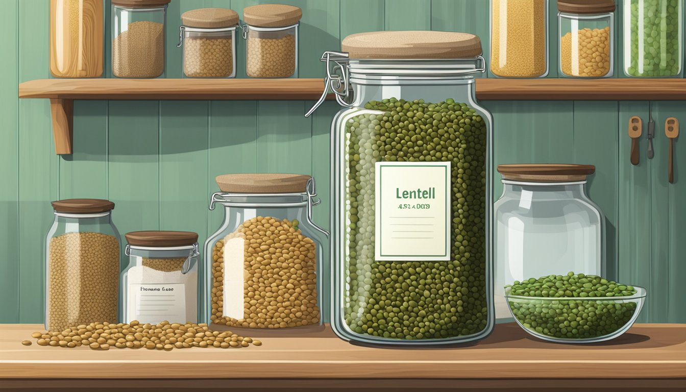 A glass jar filled with green lentils sits on a kitchen shelf, surrounded by other dry goods. The jar is tightly sealed, with a label indicating the date of purchase