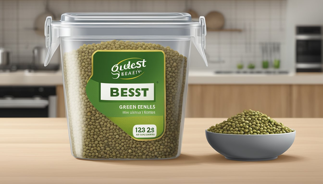 Green lentils in a sealed container, with a "best by" date label, sitting on a kitchen countertop