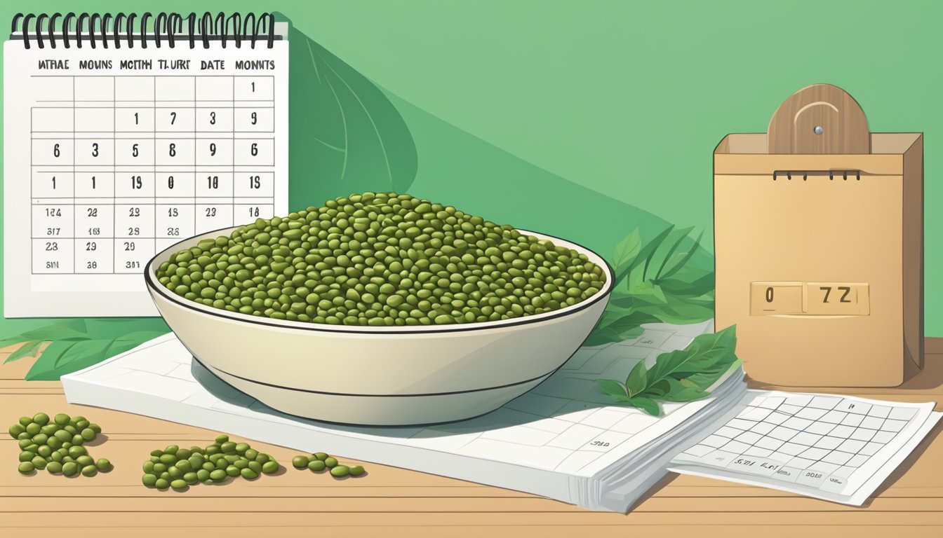 A bowl of green lentils sits on a shelf next to a calendar, showing the current date and a date several months in the future