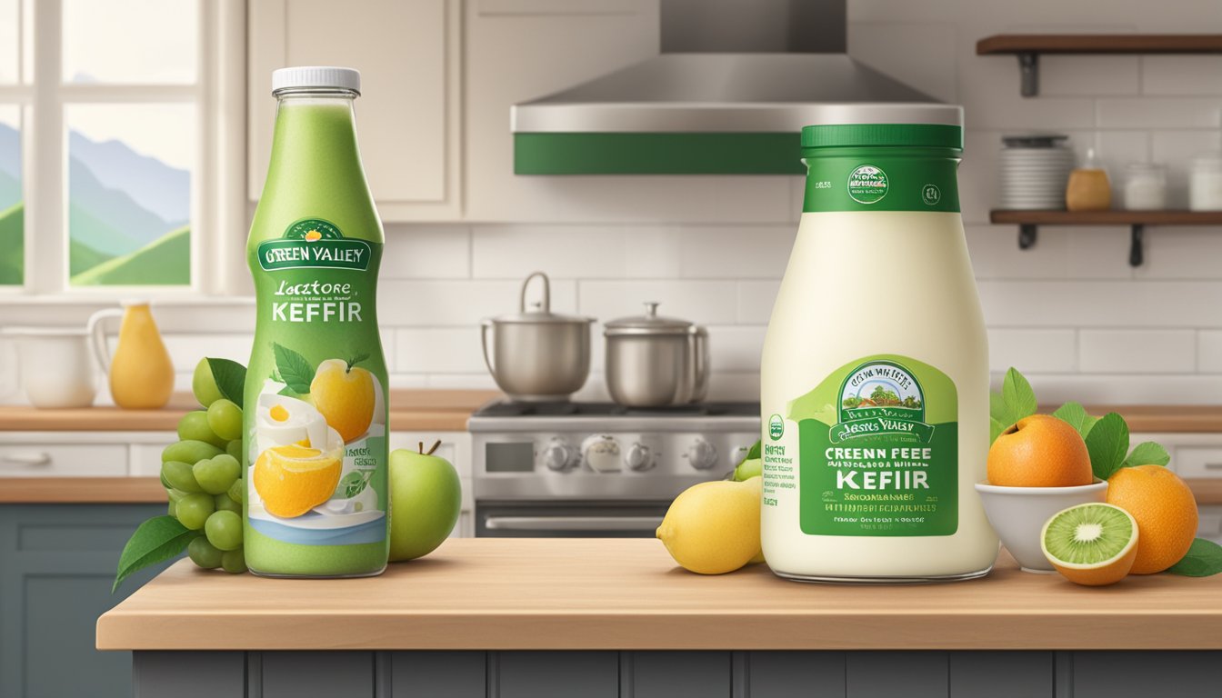 A bottle of Green Valley Creamery Lactose Free Kefir sits on a kitchen counter, surrounded by fresh fruits and a calendar marking the date of purchase