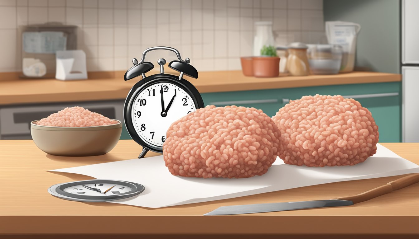 A package of ground pork sits on a kitchen counter next to a calendar and a clock, illustrating the concept of shelf life and expiration dates