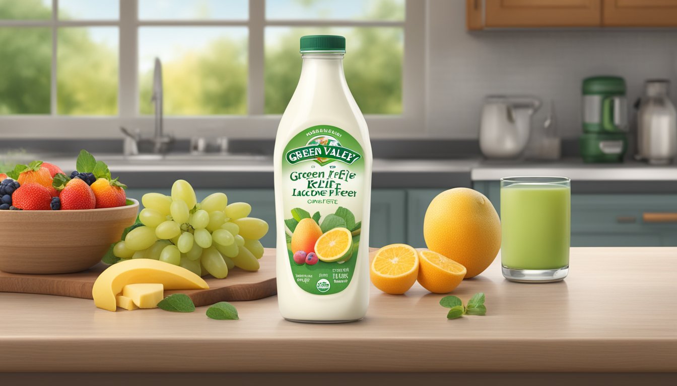 A bottle of Green Valley Creamery Lactose-Free Kefir sits on a kitchen counter, surrounded by fresh fruit and a glass of the kefir