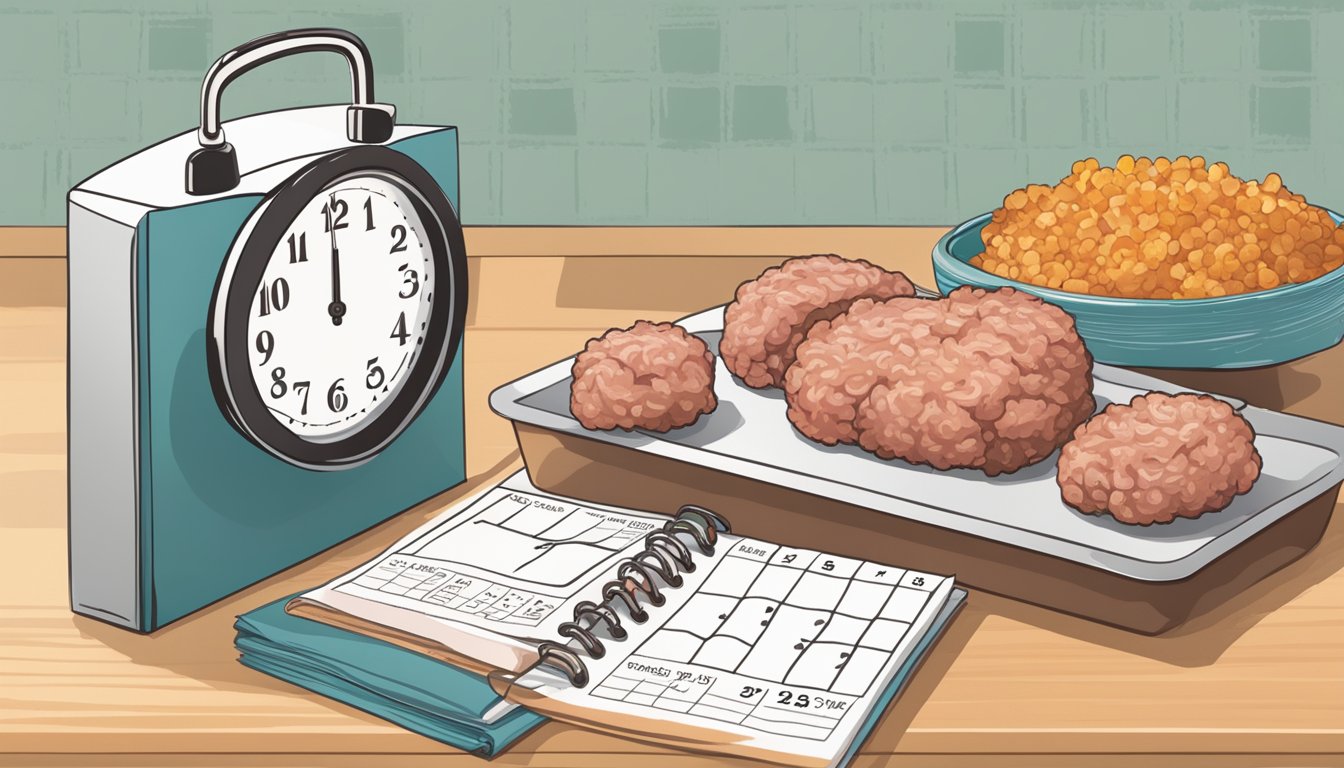 A package of ground pork sits on a kitchen counter, surrounded by a calendar and a clock, with a question mark hovering above it