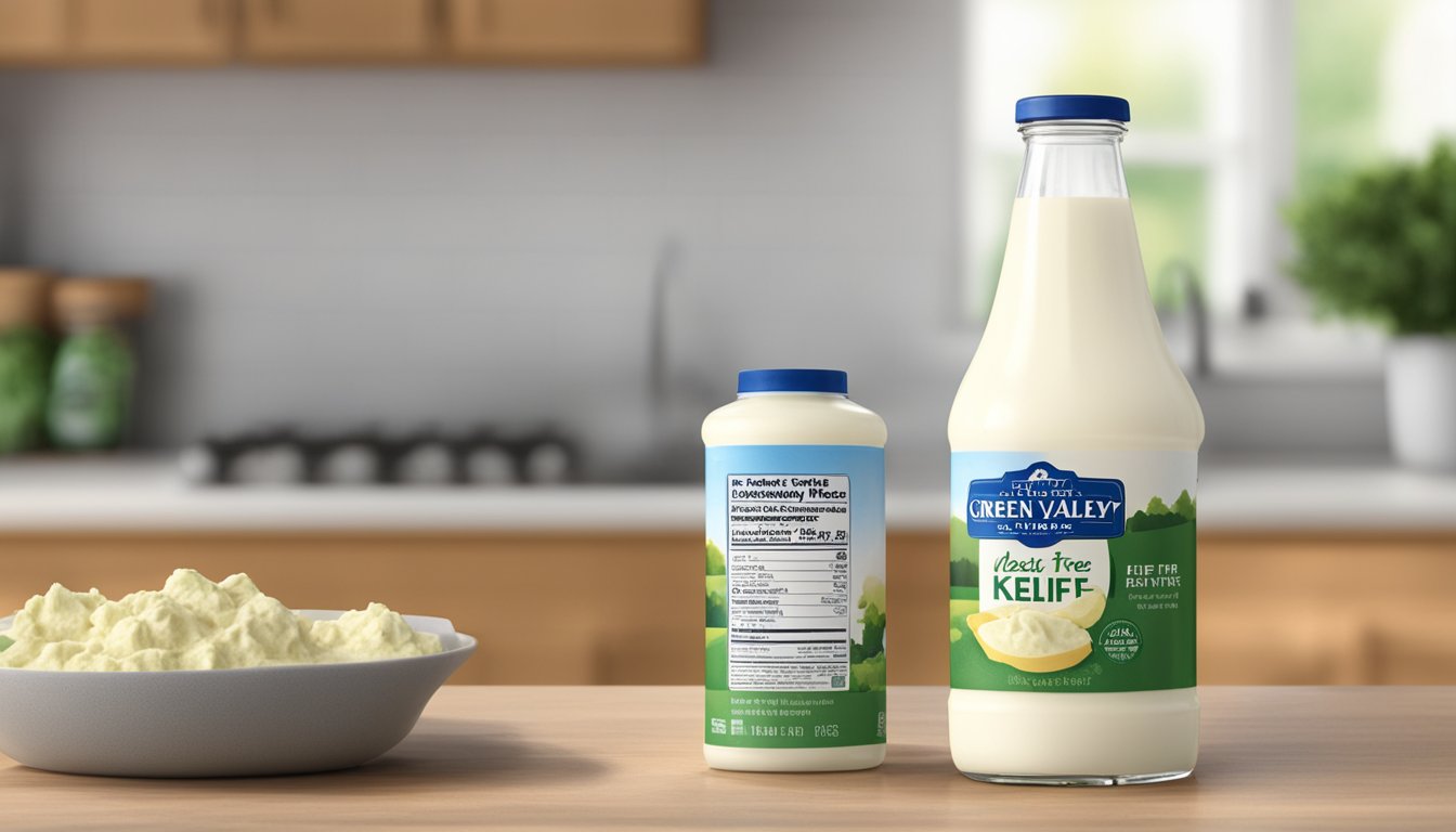 A bottle of Green Valley Creamery Lactose Free Kefir sits unopened on a kitchen counter, with a "best by" date clearly visible on the label