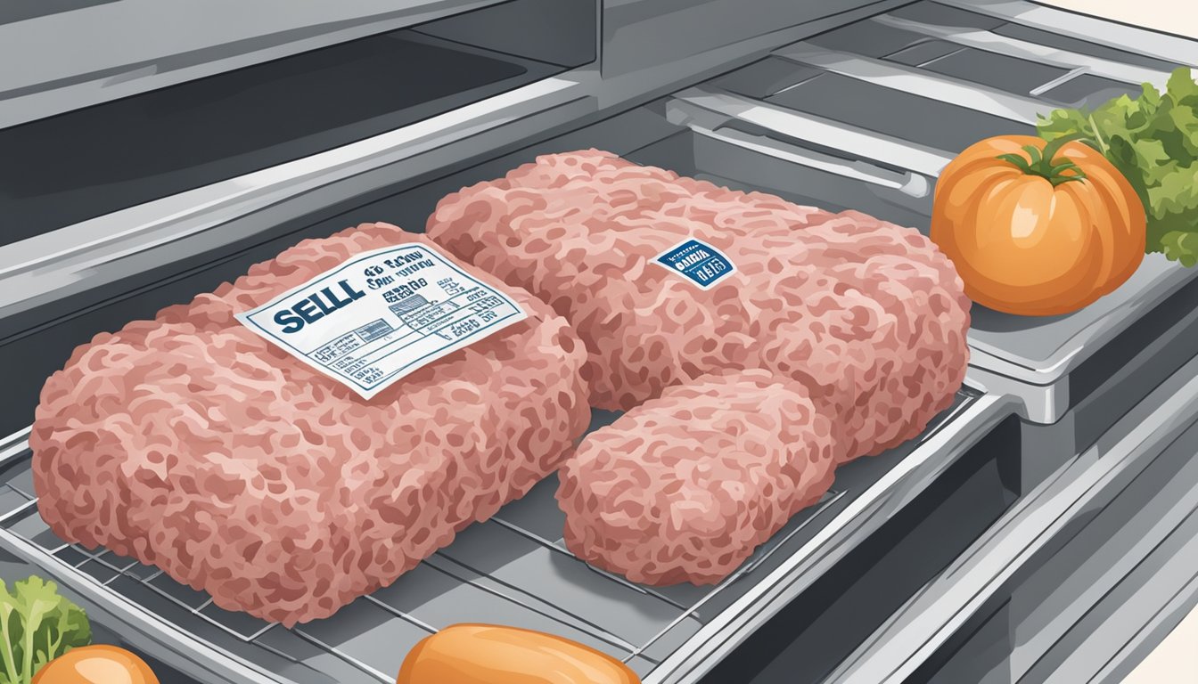 A package of ground pork sits in a refrigerator, with a "sell by" date visible on the label