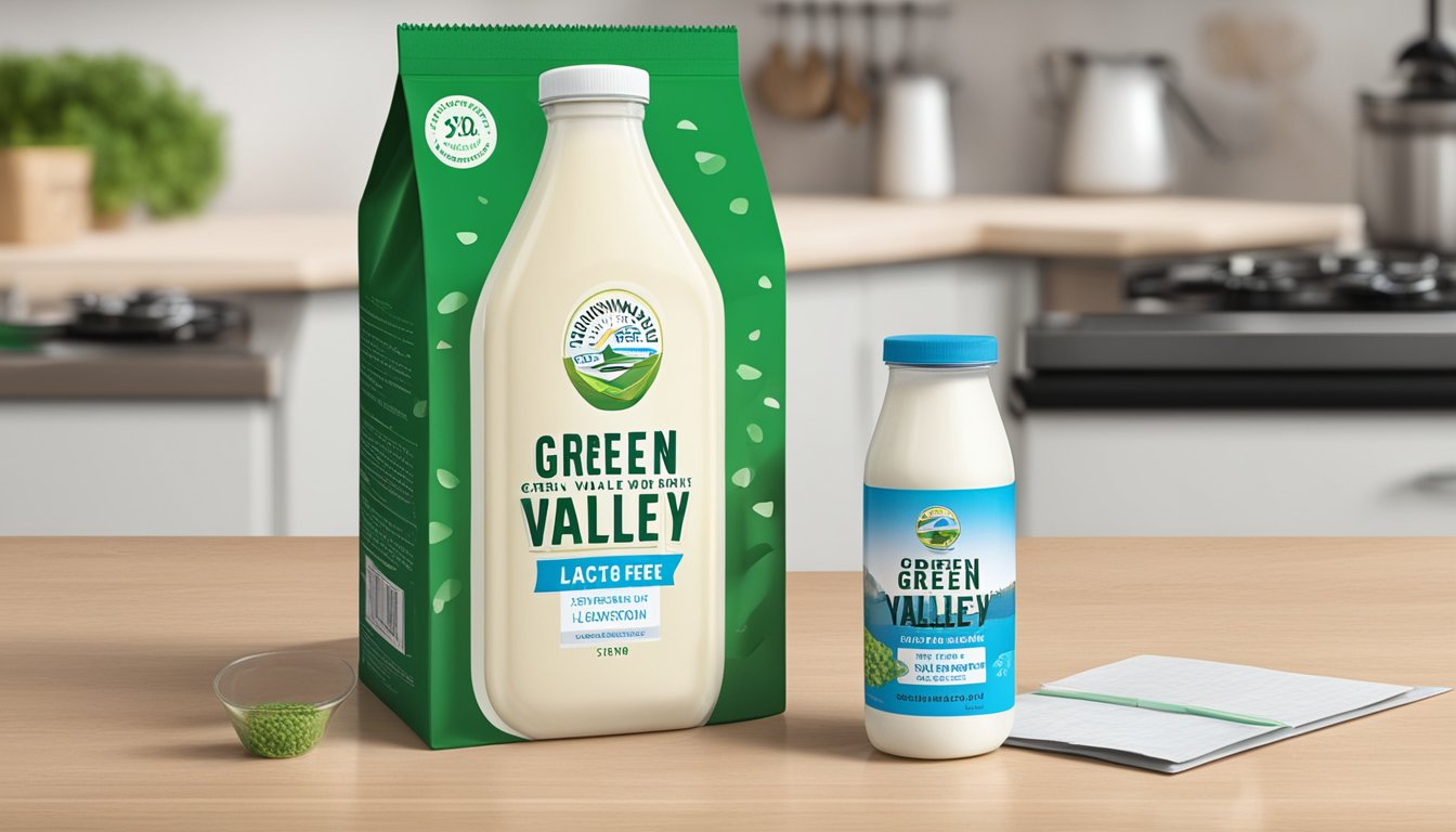 A bottle of Green Valley Creamery Lactose Free Kefir sits on a kitchen counter next to a calendar, with the date circled