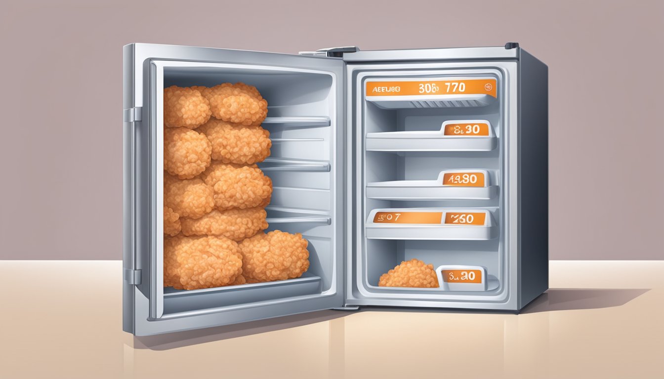 A package of ground chicken sits in a refrigerator, with a visible expiration date and a thermometer showing the temperature at a safe level