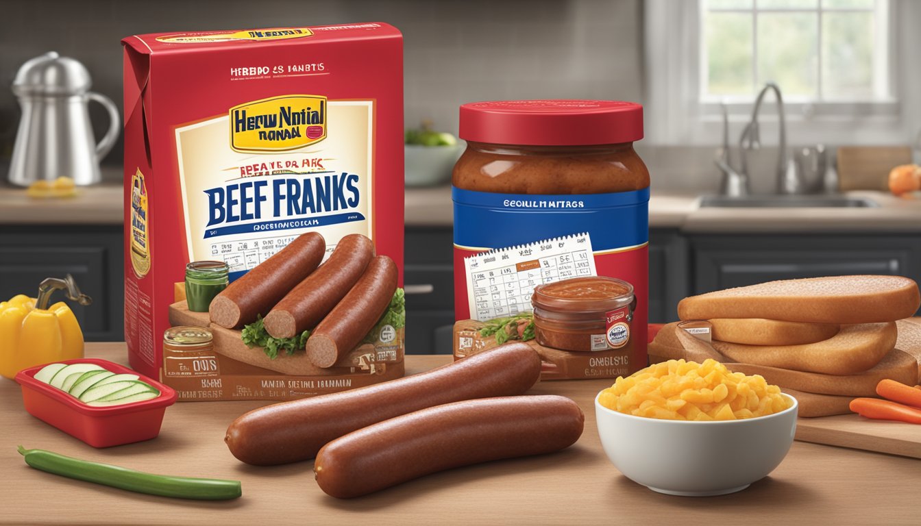 A package of Hebrew National Beef Franks sits on a kitchen counter, surrounded by condiments and a calendar showing the date of purchase