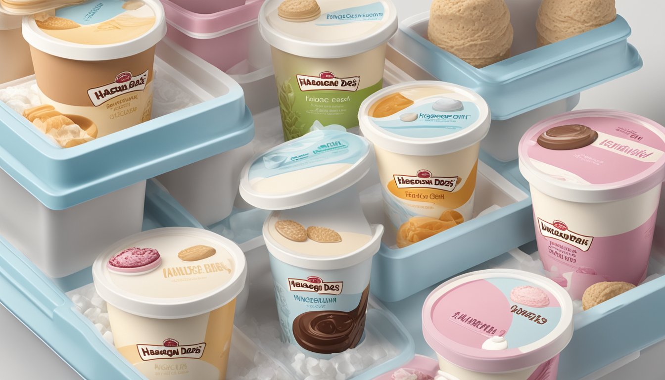 A tub of Häagen-Dazs ice cream sits on a clean, white shelf in a freezer, surrounded by other frozen desserts. The lid is closed, and the label is facing forward