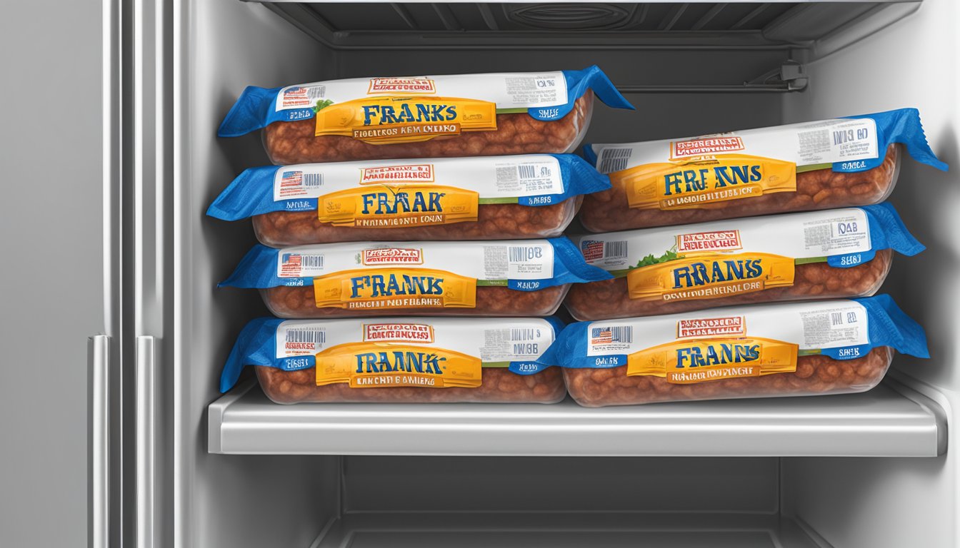 A package of Hebrew National Beef Franks sits unopened in a refrigerator, with a visible expiration date on the packaging