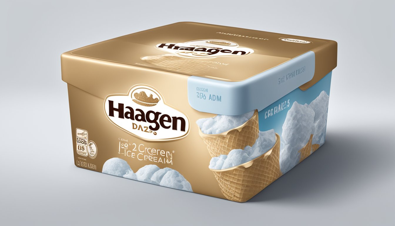 A carton of Häagen-Dazs ice cream sits in a freezer, surrounded by frost. The lid is closed tightly, and the packaging is clean and undamaged