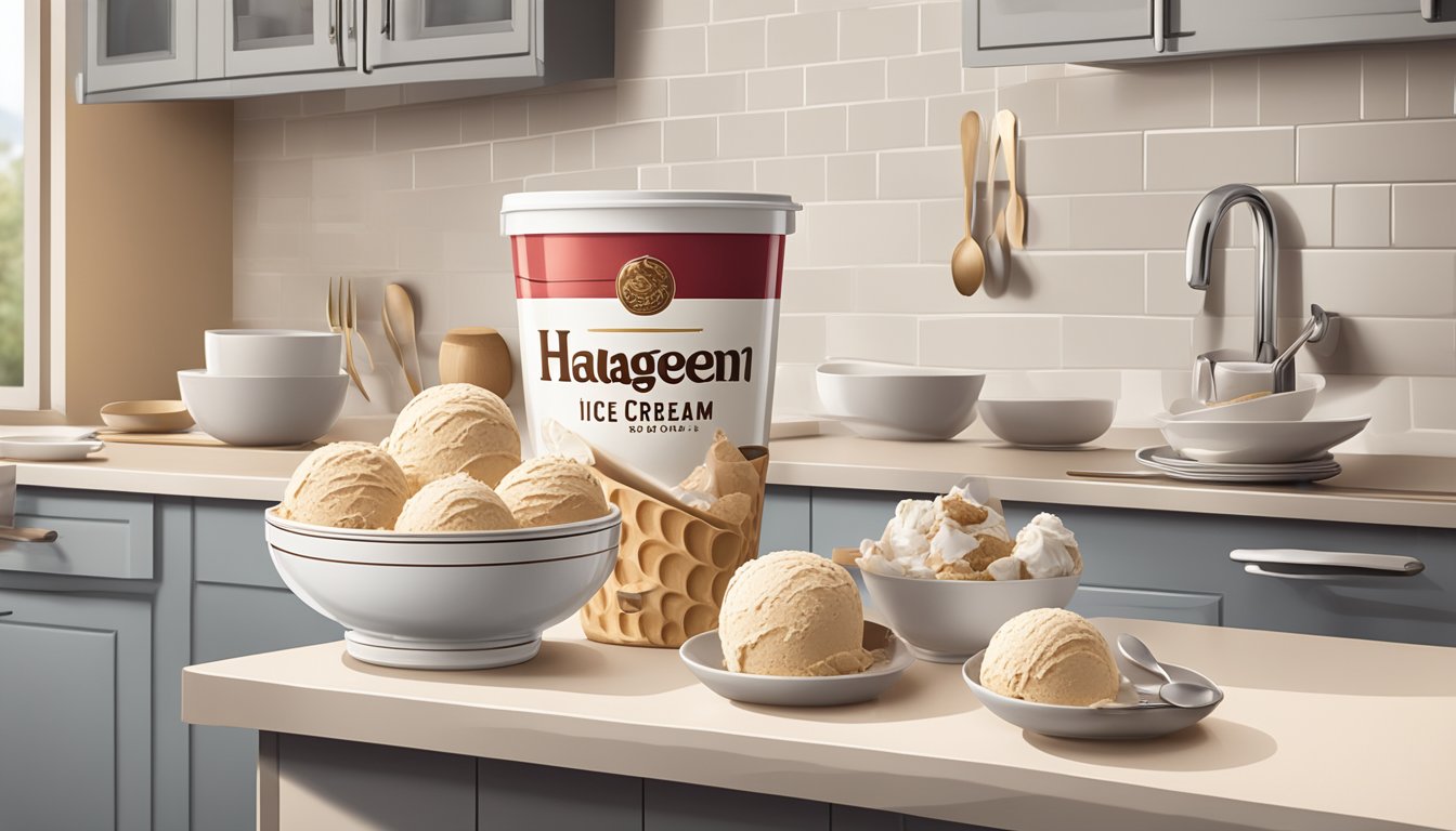 A carton of Häagen-Dazs ice cream sits unopened on a kitchen counter, surrounded by a few empty dessert bowls and spoons