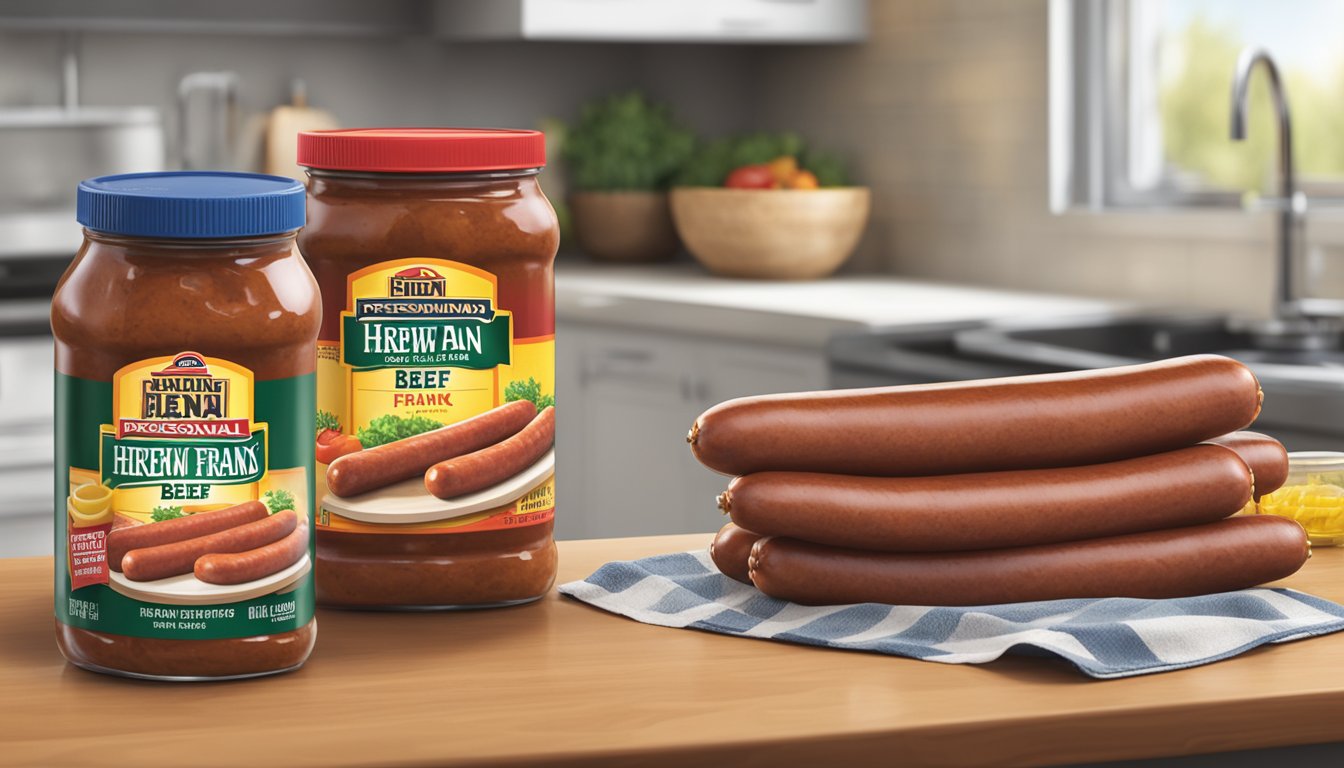 A pack of Hebrew National Beef Franks sits unopened on a kitchen counter, next to a grill and condiments